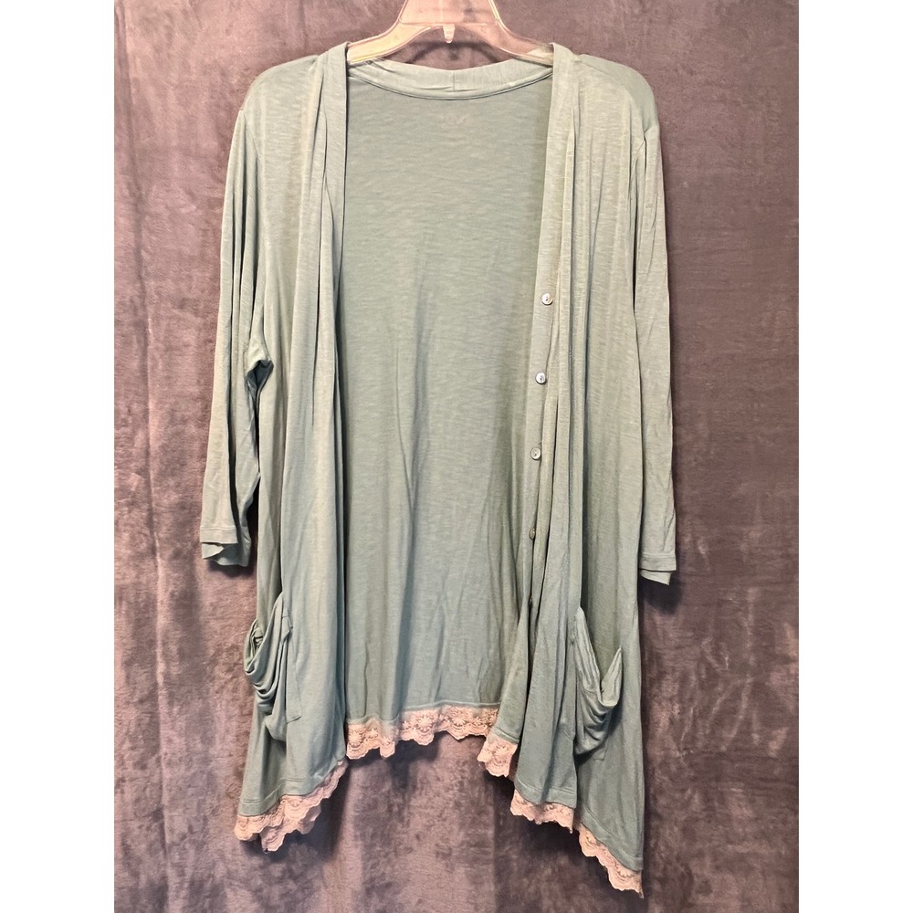 LOGO Lori Goldstein 2X Sage Button Cardigan Draped Pockets Lace Trim 35" Bust 58